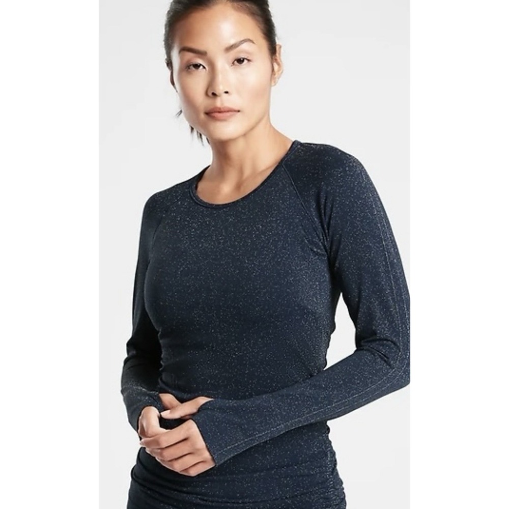 Athleta Speedlight Glow Sparkle Top‎ Blue Metallic Long Sleeve Ruched Size Small